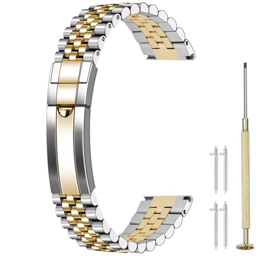 Juntan Screw-in Stainless Steel Watch Band 20mm 21mm 22mm for Men Women, Curved End Straight End Metal Watch Strap with Oyster Buckle, Taperd Replacement Jubilee Bracelet Silver Gold (Silver Gold(Straight End), 22mm) - Image 1