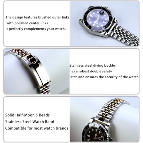 Juntan Screw-in Stainless Steel Watch Band 20mm 21mm 22mm for Men Women, Curved End Straight End Metal Watch Strap with Oyster Buckle, Taperd Replacement Jubilee Bracelet Silver Gold (Silver Gold(Straight End), 22mm) - Image 5