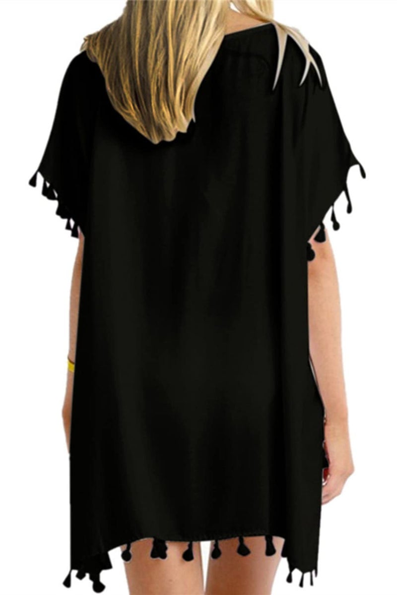 Yincro Women's Chiffon Swimsuits Beach Bathing Suit Cover Ups for Swimwear with Tassels(Black Tassel, L) - Image 2