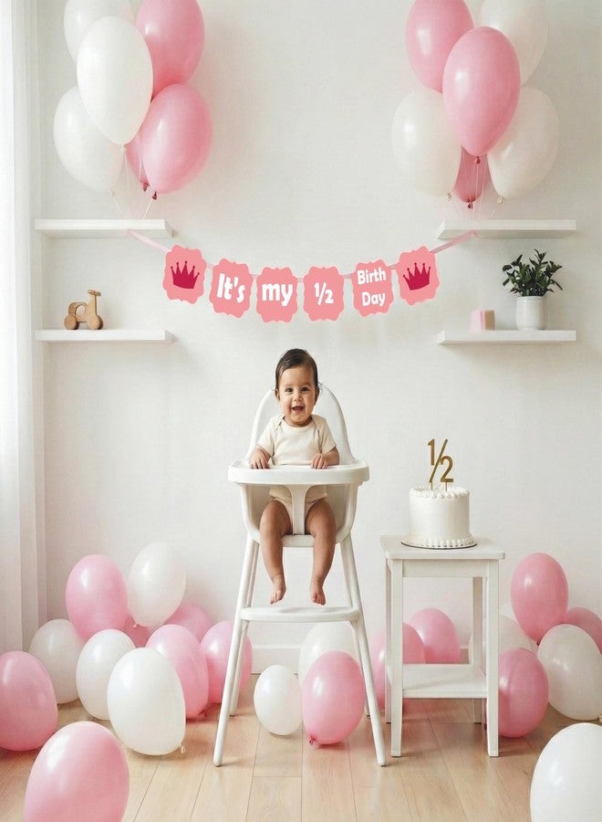 Untumble Half Birthday banner for baby girl and balloon decor kit for a 6 month birthday containing a It's my half birthday banner in Pink and 20 Pink & White balloons (Pack of 21) - Image 2