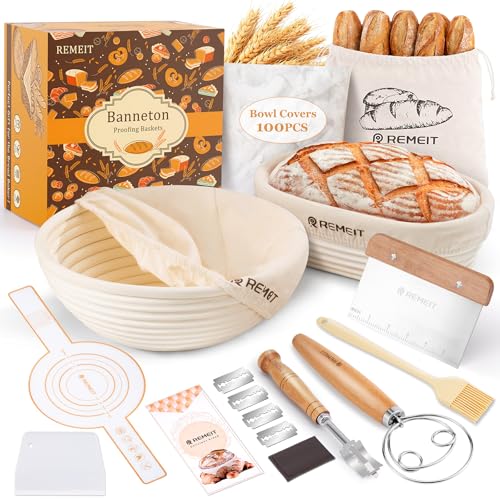 REMEIT Banneton Bread Proofing Basket Sourdough Bread Baking Supplies Sourdough Starter Kit with 9 Round and 10 Oval Baskets Sling Bread Lame Proofing Cover Scraper Dough Whisk - Image 1