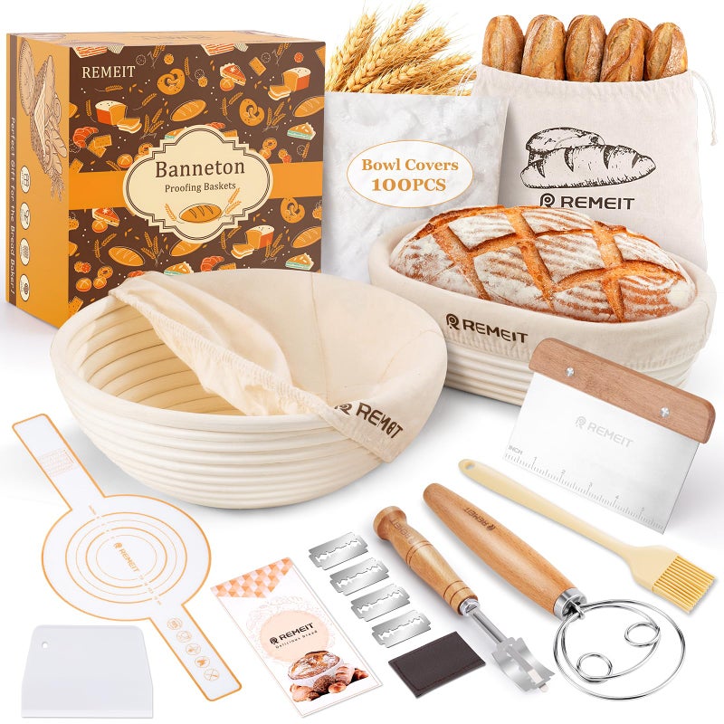 REMEIT Banneton Bread Proofing Basket Sourdough Bread Baking Supplies Sourdough Starter Kit with 9 Round and 10 Oval Baskets Sling Bread Lame Proofing Cover Scraper Dough Whisk - Image 2