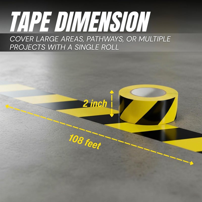 TAPIX 2 Inch x 108 Feet Black & Yellow Tape Roll - Safety Stripe Waring Tape for Floor - Highly Adhesive Waterproof Hazard Tape for Floors, Walls, Staircase, Pipes, Equipment, Dangerous Area - Image 2