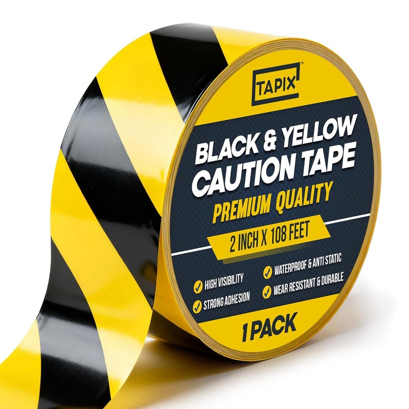 TAPIX 2 Inch x 108 Feet Black & Yellow Tape Roll - Safety Stripe Waring Tape for Floor - Highly Adhesive Waterproof Hazard Tape for Floors, Walls, Staircase, Pipes, Equipment, Dangerous Area - Image 1