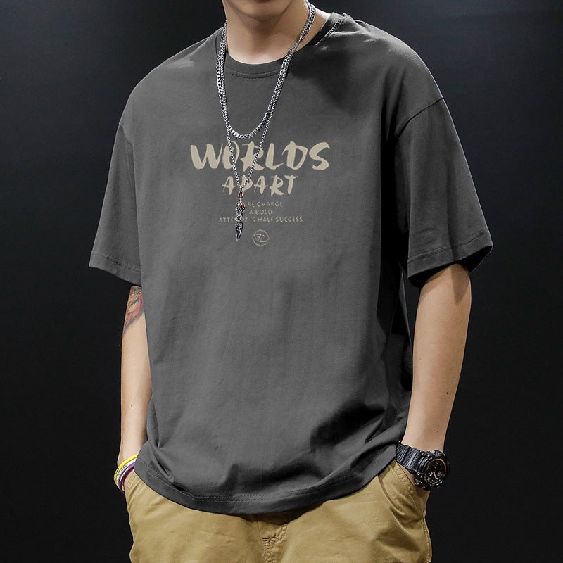 Heavy Cotton Short-Sleeved T-Shirt Men'S Summer Ins Fashionable Hong Kong-Style Simple Top Fashionable Brand Loose Short-Sleeved T-Shirt - Image 1