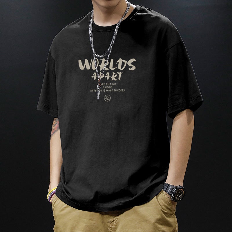 Heavy Cotton Short-Sleeved T-Shirt Men'S Summer Ins Fashionable Hong Kong-Style Simple Top Fashionable Brand Loose Short-Sleeved T-Shirt - Image 3