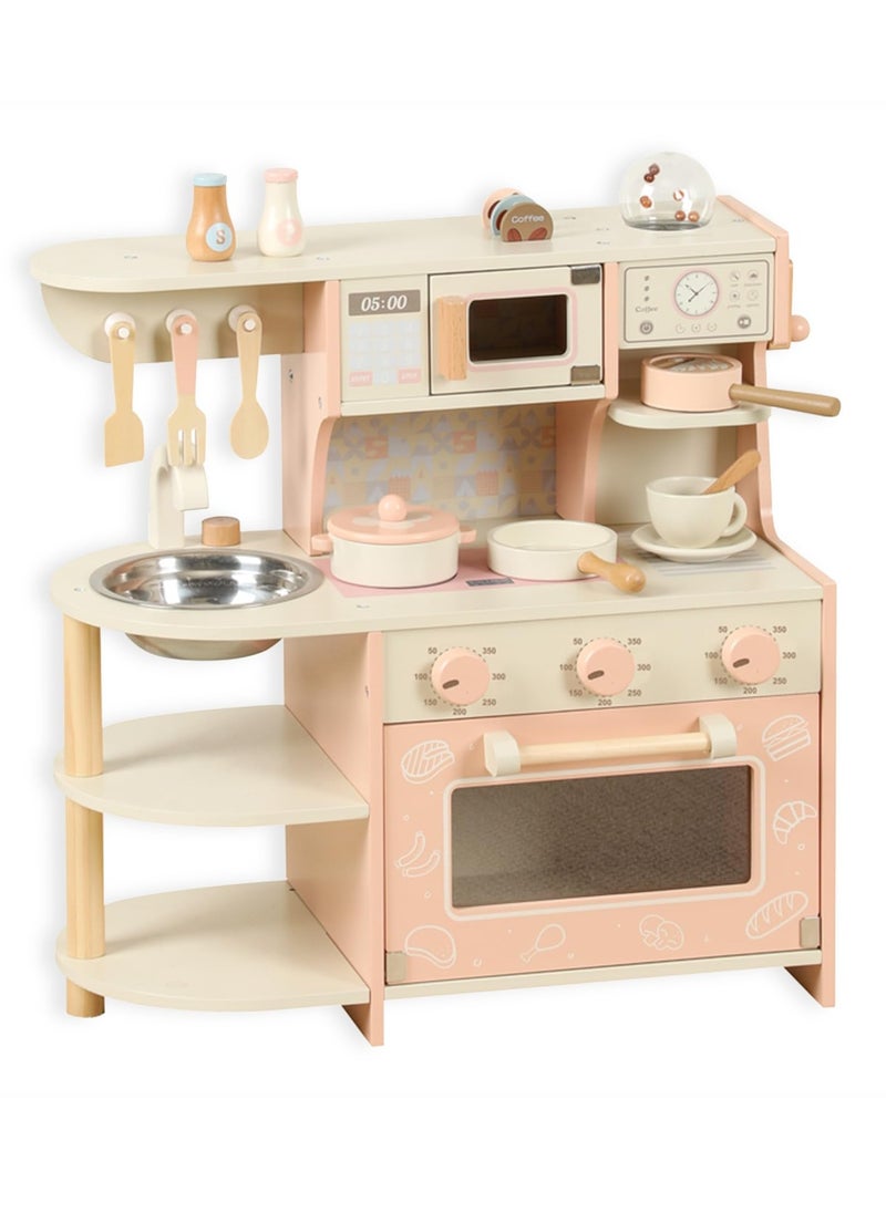 MaBaby - Wooden Kitchen Playset for Kids Ages 3-8, Pretend Play Kitchen for Toddlers with Realistic Design, Play House Cooking Accessories, Coffee Maker, Oven, Microwave, Sink - Image 1