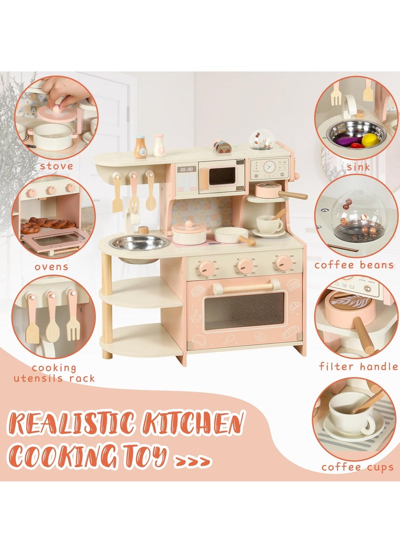 MaBaby - Wooden Kitchen Playset for Kids Ages 3-8, Pretend Play Kitchen for Toddlers with Realistic Design, Play House Cooking Accessories, Coffee Maker, Oven, Microwave, Sink - Image 1
