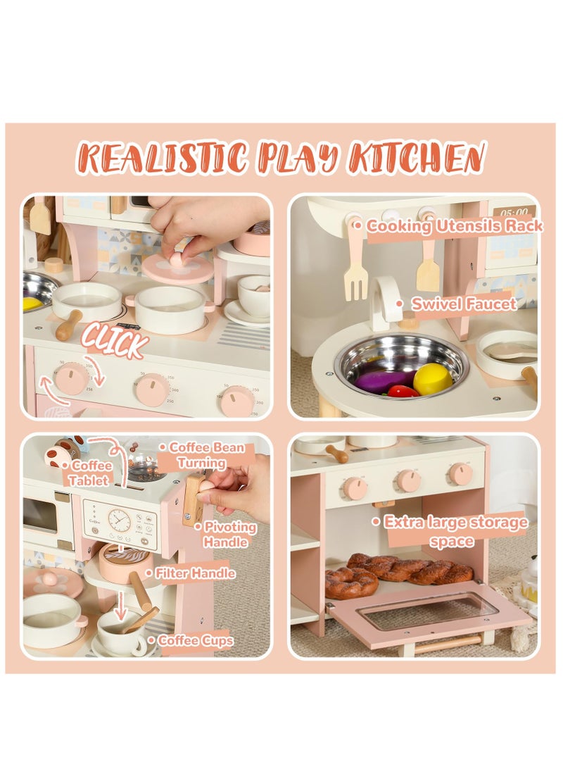 MaBaby - Wooden Kitchen Playset for Kids Ages 3-8, Pretend Play Kitchen for Toddlers with Realistic Design, Play House Cooking Accessories, Coffee Maker, Oven, Microwave, Sink - Image 1