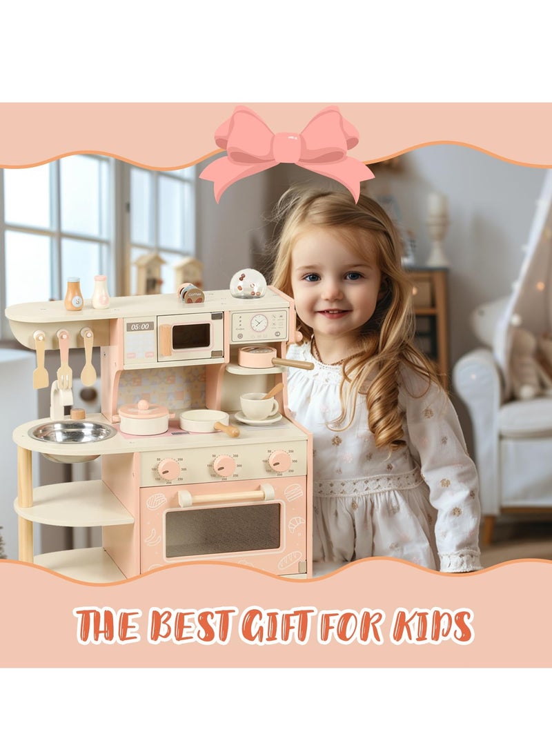 MaBaby - Wooden Kitchen Playset for Kids Ages 3-8, Pretend Play Kitchen for Toddlers with Realistic Design, Play House Cooking Accessories, Coffee Maker, Oven, Microwave, Sink - Image 1
