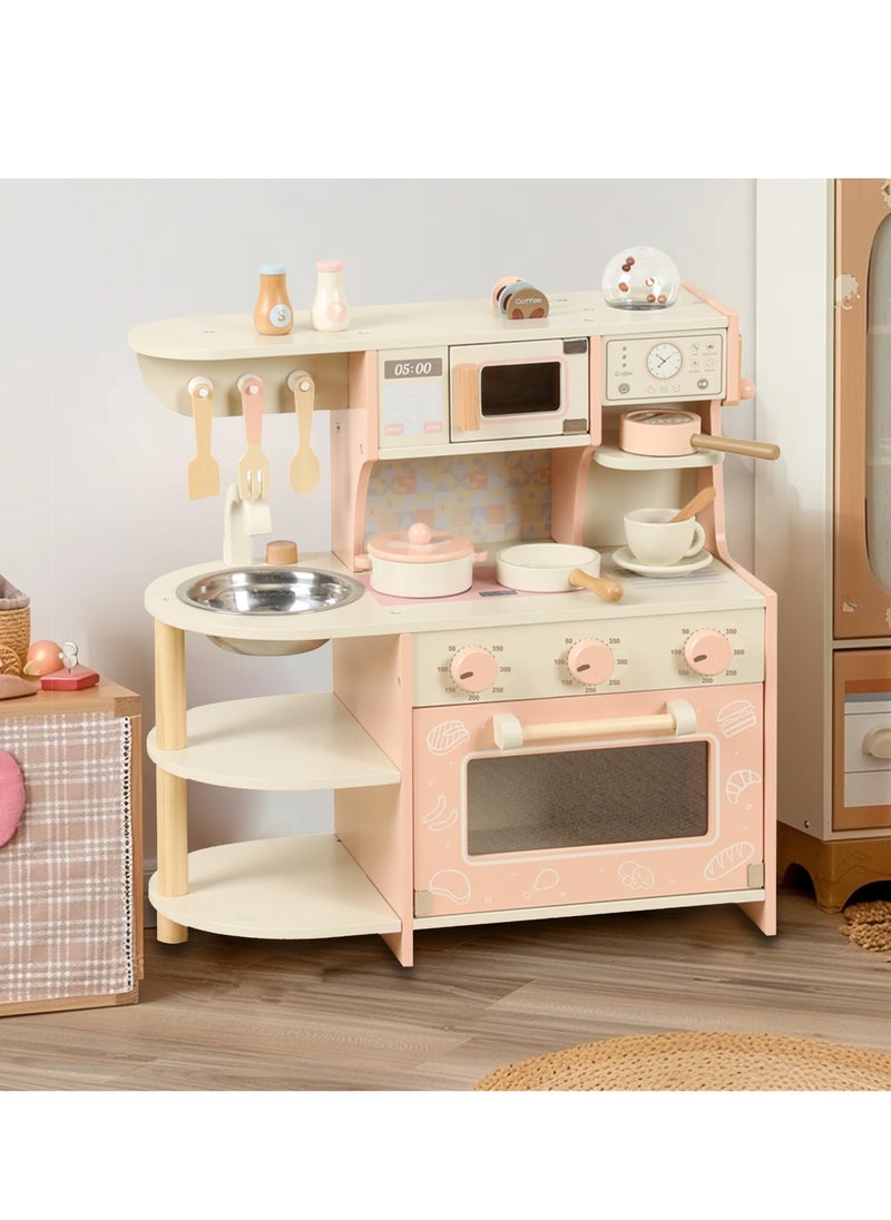 MaBaby - Wooden Kitchen Playset for Kids Ages 3-8, Pretend Play Kitchen for Toddlers with Realistic Design, Play House Cooking Accessories, Coffee Maker, Oven, Microwave, Sink - Image 1