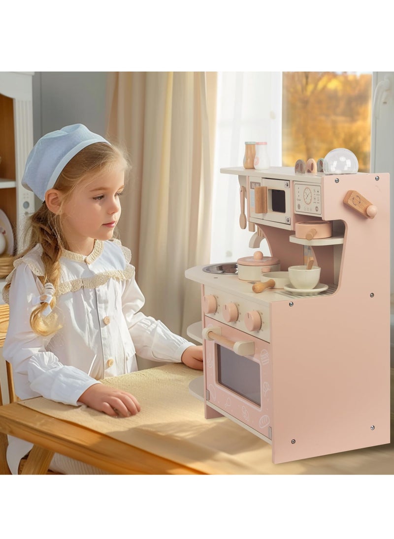 MaBaby - Wooden Kitchen Playset for Kids Ages 3-8, Pretend Play Kitchen for Toddlers with Realistic Design, Play House Cooking Accessories, Coffee Maker, Oven, Microwave, Sink - Image 1