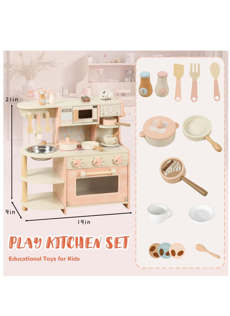 MaBaby - Wooden Kitchen Playset for Kids Ages 3-8, Pretend Play Kitchen for Toddlers with Realistic Design, Play House Cooking Accessories, Coffee Maker, Oven, Microwave, Sink - Image 1