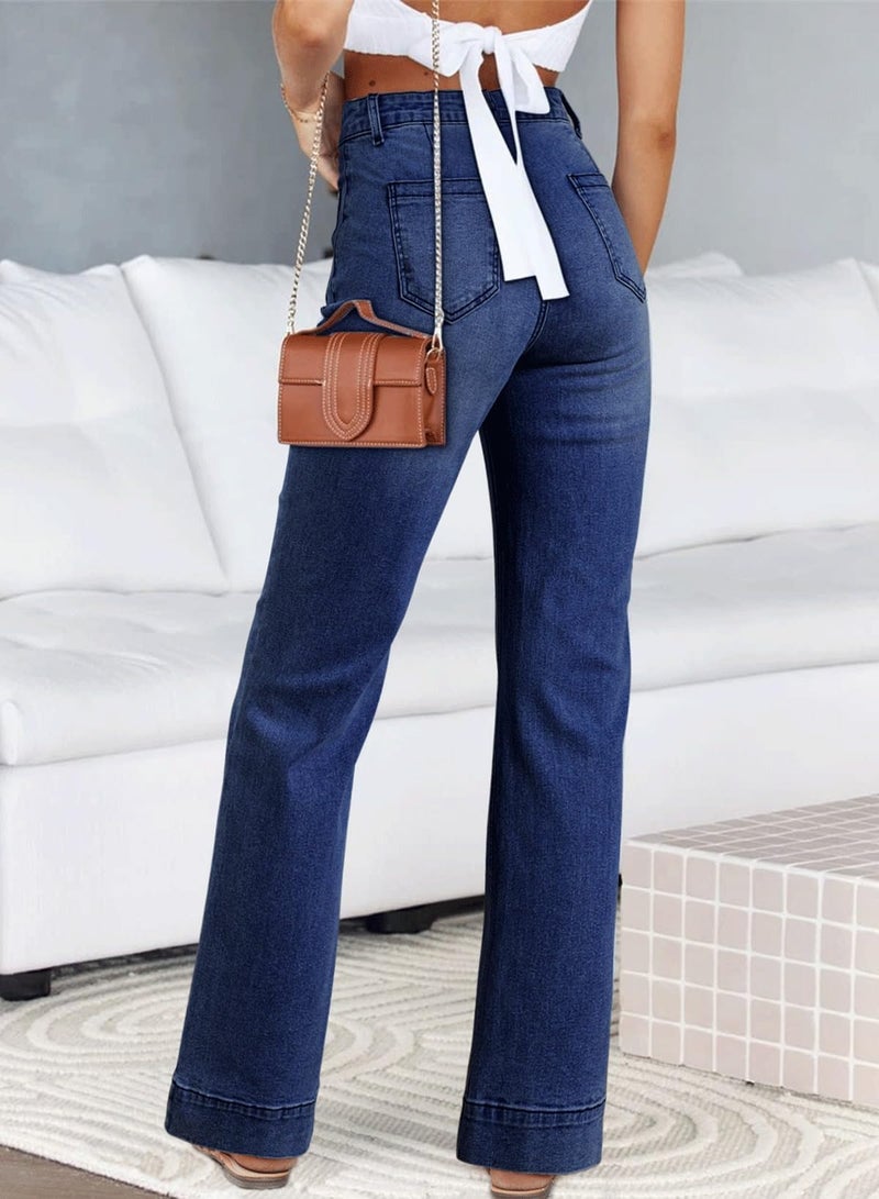 Astylish Womens Pull On Jeans High Waisted Wide Leg Baggy Jean for Women Stretch Denim Pants with Patch Pockets Size 10 Navy Blue - Image 2