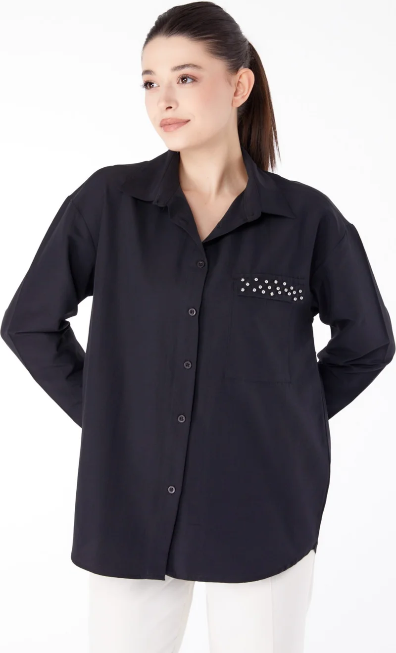 Tofisa Plain Shirt Collar Women's Black Stone Detailed Shirt - 13194