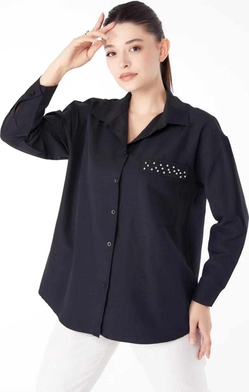 Tofisa Plain Shirt Collar Women's Black Stone Detailed Shirt - 13194