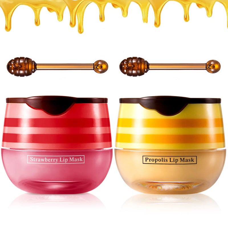 2PCS Strawberry  Honey Lip Balm Vitamin E Moisturizing Propolis Sleeping Lip Mask Effective Reduces Lip Lines Prevention Dry and Cracked Lip Scrubs Exfoliator Smoothing Dry Lip Care