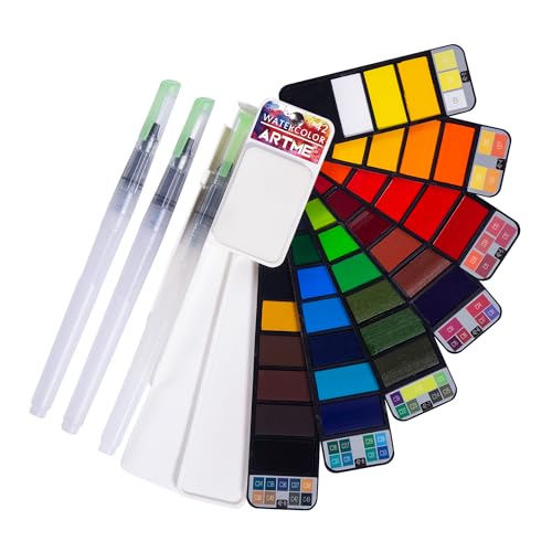 ARTME Watercolor Paint set – 42 Assorted Colors with 3 Brushes – Perfect Foldable Watercolor Field Sketch Set for Outdoor Painting –Travel Pocket Watercolor Kit - Image 1