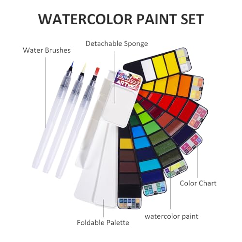 ARTME Watercolor Paint set – 42 Assorted Colors with 3 Brushes – Perfect Foldable Watercolor Field Sketch Set for Outdoor Painting –Travel Pocket Watercolor Kit - Image 3