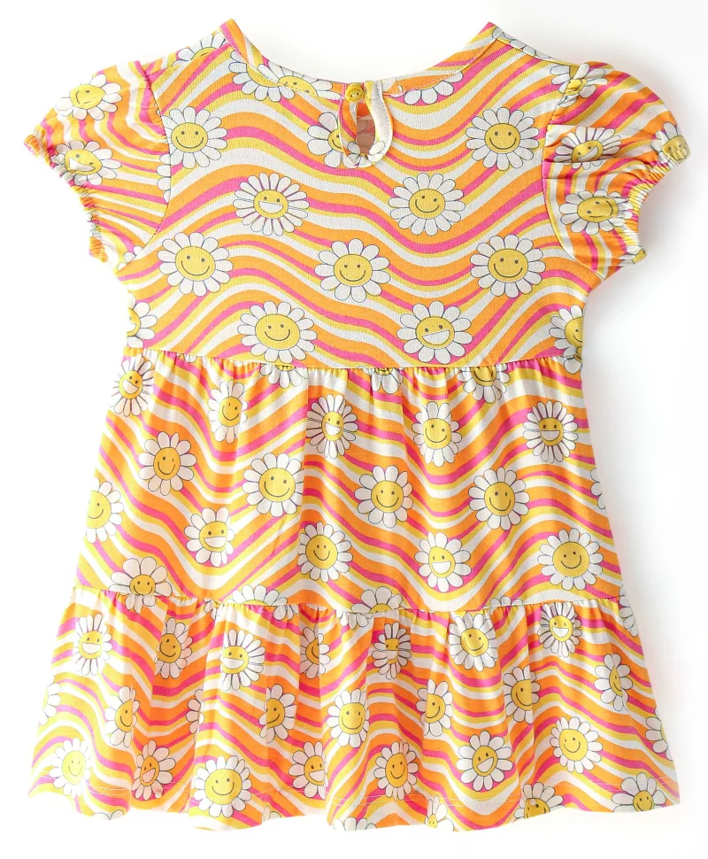 babyhug Babyhug 100% Cotton Knit Half Sleeves Frock Stripes & Floral Print - White
