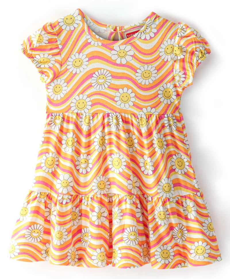babyhug Babyhug 100% Cotton Knit Half Sleeves Frock Stripes & Floral Print - White