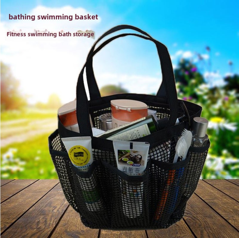 Large Capacity Bathing Storage Bag All Black Portable Handle - Durable Sturdy Material Net Mesh Design for Indoor Outdoor Camping Use - Image 1