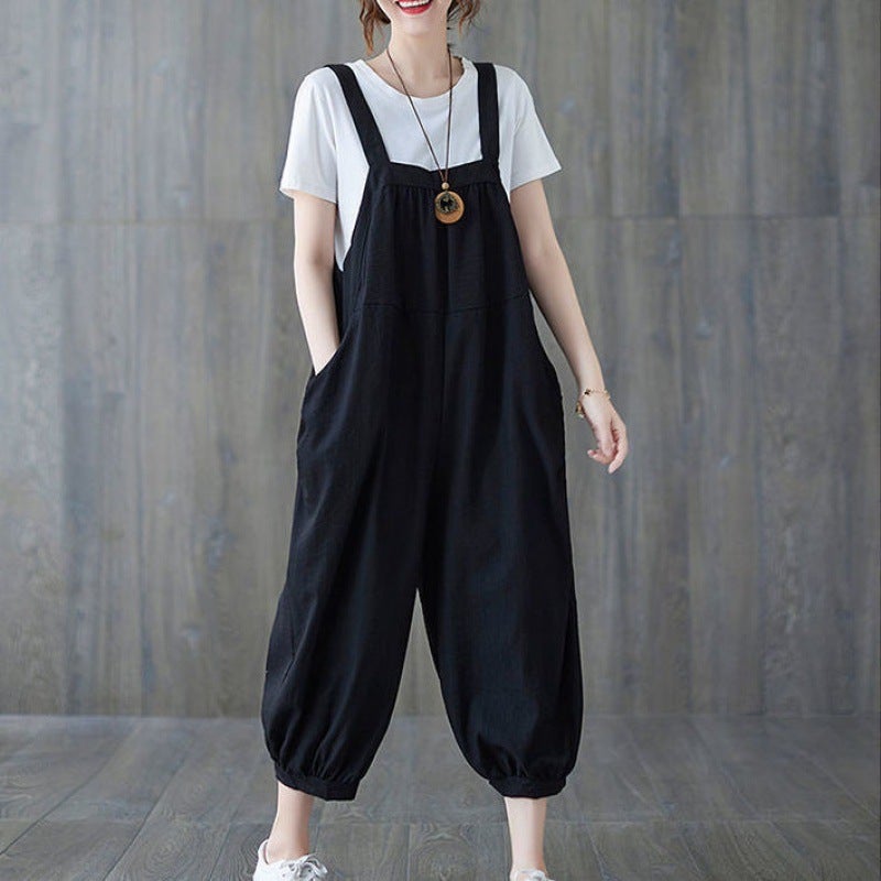 Womens Plus Size Summer Dress for Chubby Girls Contrast Color Stitching Tie-legged Harlan Suspender Pants Western-style All-match Slimming Suspender One-piece Pants Black two-piece 