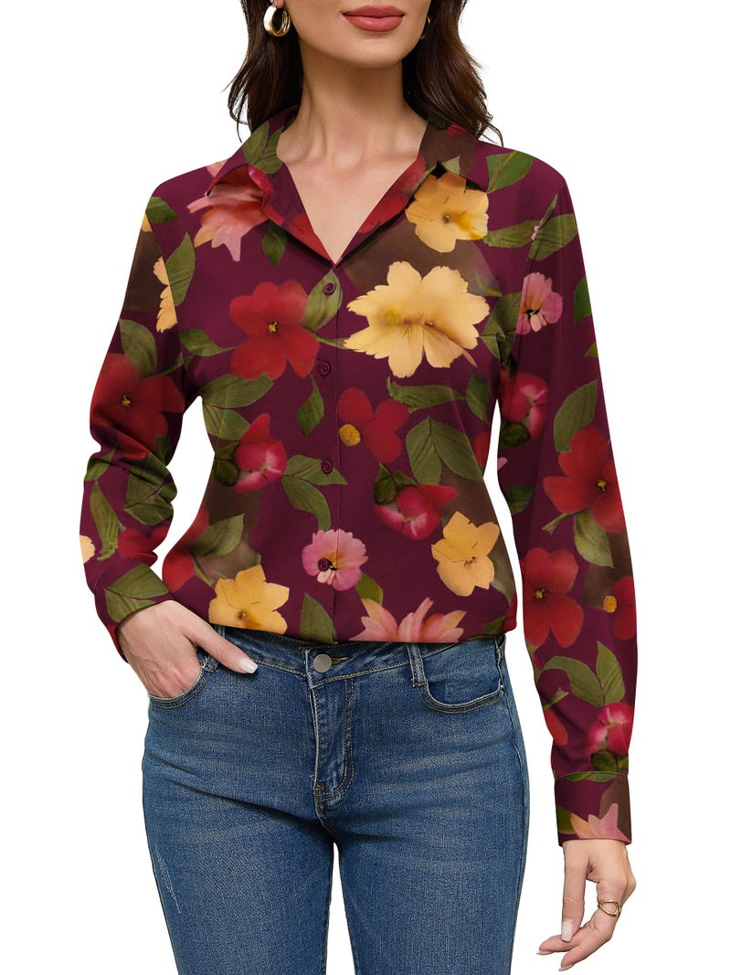 COUXILY Womens Button Down Blouse Long Sleeve Shirts for Women Tops Fall Business Casual Shirt Work Dressy Fashion Silk Formal Elegant Trending Classy Print Boho Hawaiian Tropical Floral 09 L - Image 2