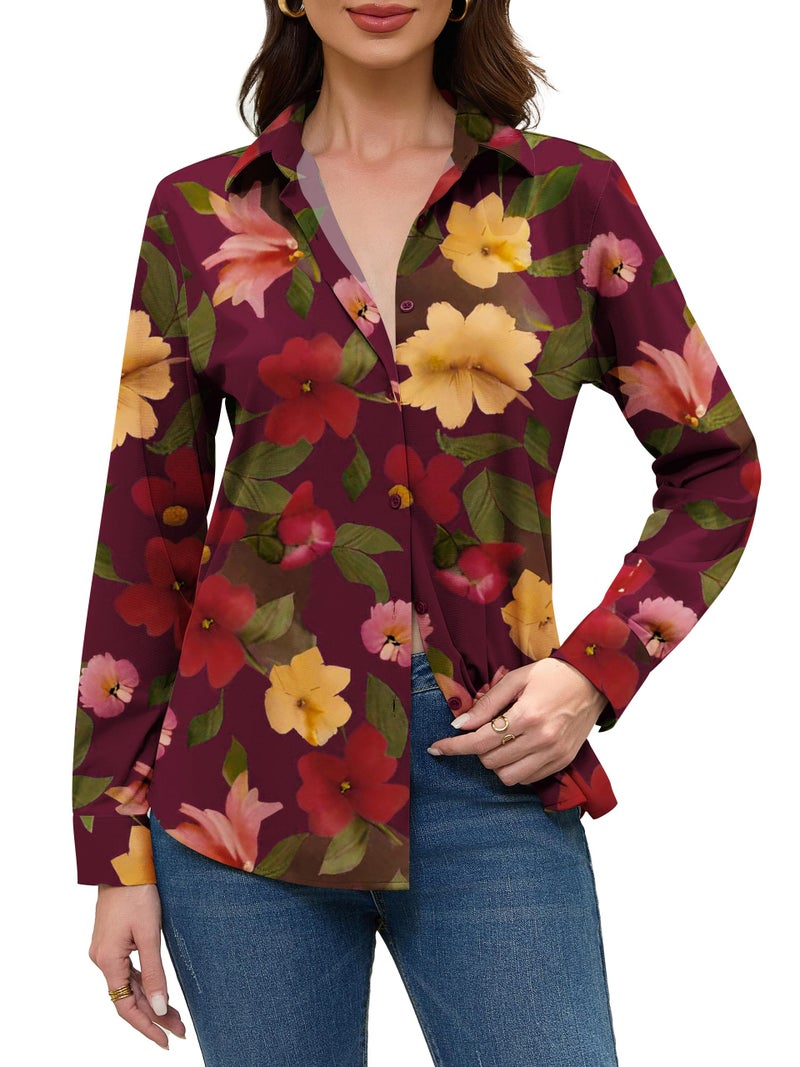 COUXILY Womens Button Down Blouse Long Sleeve Shirts for Women Tops Fall Business Casual Shirt Work Dressy Fashion Silk Formal Elegant Trending Classy Print Boho Hawaiian Tropical Floral 09 L - Image 4