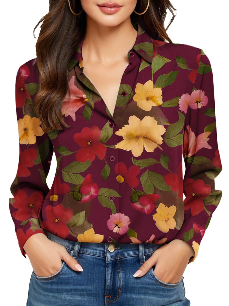 COUXILY Womens Button Down Blouse Long Sleeve Shirts for Women Tops Fall Business Casual Shirt Work Dressy Fashion Silk Formal Elegant Trending Classy Print Boho Hawaiian Tropical Floral 09 L - Image 1