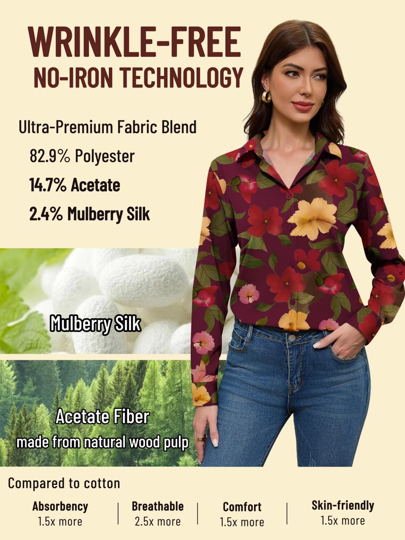 COUXILY Womens Button Down Blouse Long Sleeve Shirts for Women Tops Fall Business Casual Shirt Work Dressy Fashion Silk Formal Elegant Trending Classy Print Boho Hawaiian Tropical Floral 09 L - Image 3