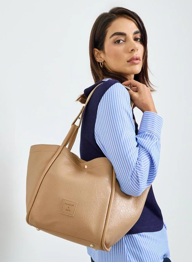 Styli Beige Solid Tote Bag with Snap Button