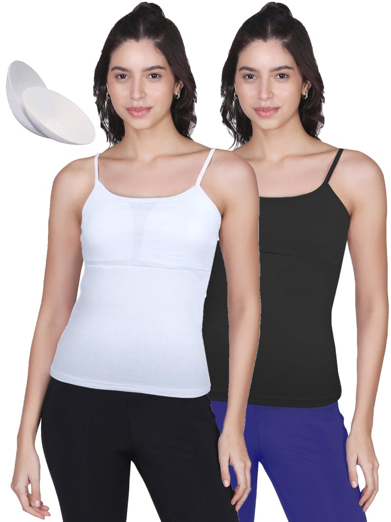 DChica Padded Camisole Bra for Women, Sleeveless Undershirts Cami Vest with Adjustable Straps Cotton Camisole Tank Top/Innerwear for Women (Pack of 2) Solid Colors - Image 1