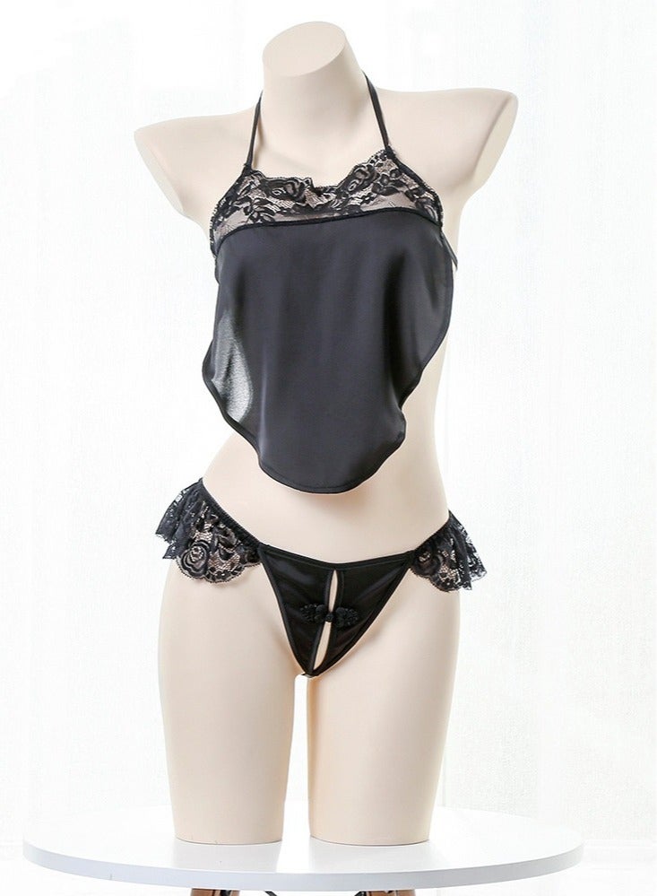 Women Retro Bowknot Suspender Bellyband Lingerie Set Black