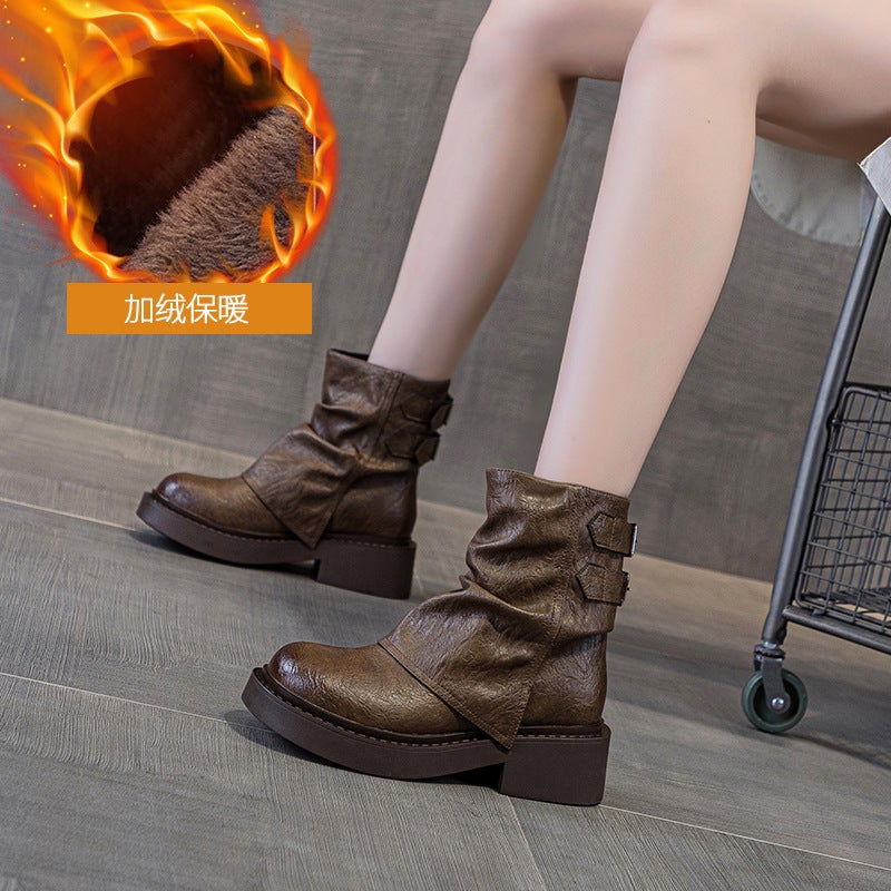 British Style Short Boots for Women 2026 New Autumn and Winter Pleated Riding Boots Thick-Soled Bootcut Boots for Women Student Boots - Image 1