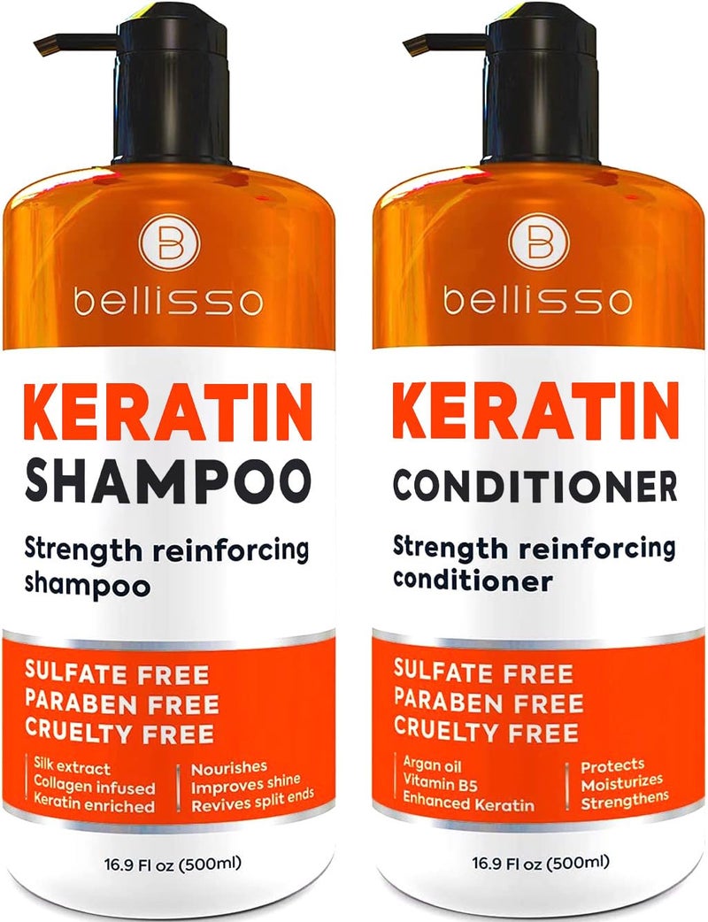 Keratin Shampoo and Conditioner Set  Sulfate Free and Paraben Free  Salon Thickening Treatment for Dry Damaged Curly Frizzy Straight or Color Treated Hair  Anti Frizz Formula for Women and Men