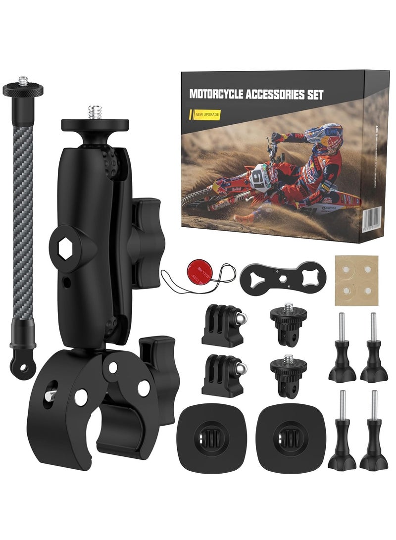 والالا طقم تثبيت كاميرا الحركة للدراجات النارية، مشابك تثبيت على مقود الدراجة، عصا سيلفي قابلة للتعديل وغير مرئية بمشبك مزدوج متوافقة مع كاميرات Insta 360 X4 X5 و GoPro، لتسجيلات ركوب الدراجات - Image 1