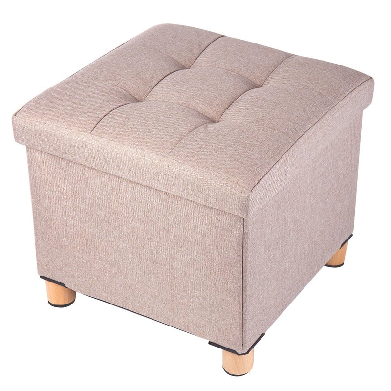 BRIAN  DANY Folding Ottoman Storage Box with Wood Legs Linen Foot Stool Footstool with Storage Highly Elastic Sponge Filling Beige 38 x 38 x 38 cm