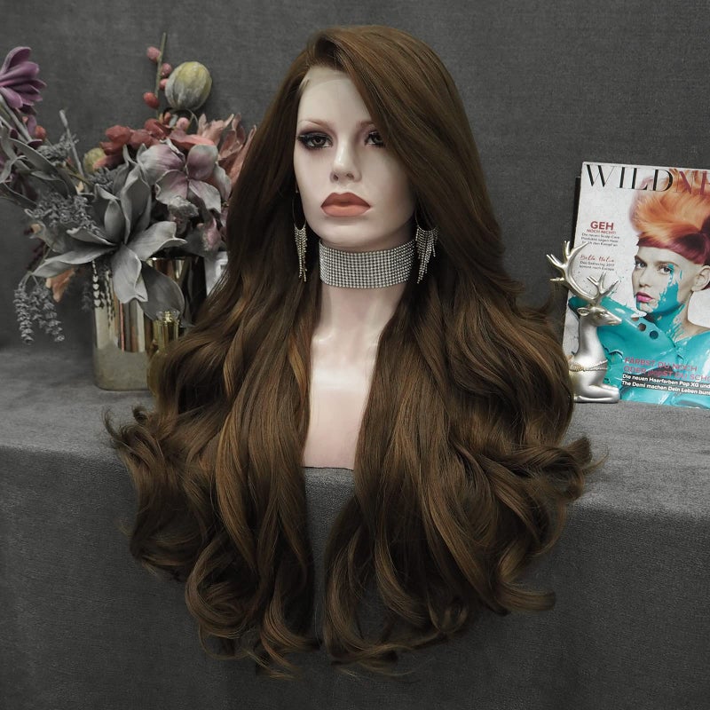 IMSTYLE Synthetic Lace Front Wig Brown Long Wavy Natural Hairline Heat Resistant Wig for Women Drag Queen 26 inch