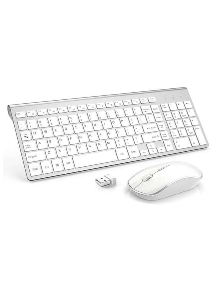 erorex Wireless Keyboard and Mouse Combo,2.4G Slim Wireless Keyboard Mouse-Portable, Full Size, Ergonomic, 2400 DPI,Extreme Power Saving,Sleek Design-White+Silver (White) - Image 1
