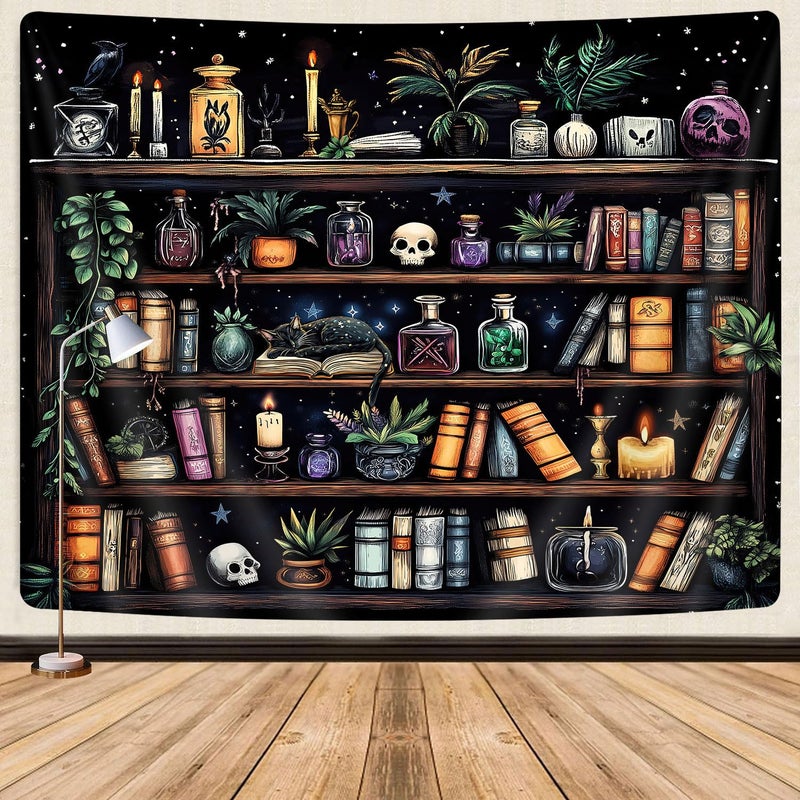 GOAOK Bookshelf Tapestry Magical Library Witchy Tapestries, Vintage Fantasy Dark Bookshelf Hippie Cool Wall Tapestries Gothic Skull Black Cat Book Aesthetic Decor for Study Classroom, 60X40 - Image 2