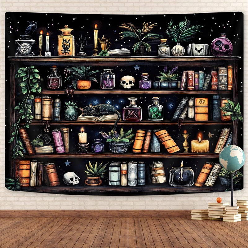 GOAOK Bookshelf Tapestry Magical Library Witchy Tapestries, Vintage Fantasy Dark Bookshelf Hippie Cool Wall Tapestries Gothic Skull Black Cat Book Aesthetic Decor for Study Classroom, 60X40 - Image 1