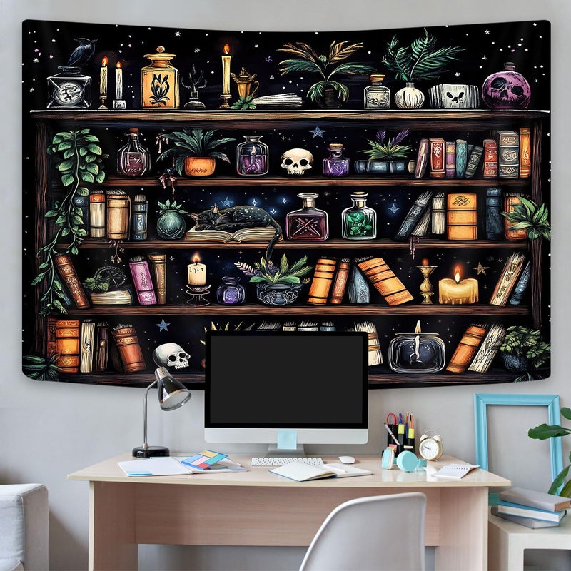 GOAOK Bookshelf Tapestry Magical Library Witchy Tapestries, Vintage Fantasy Dark Bookshelf Hippie Cool Wall Tapestries Gothic Skull Black Cat Book Aesthetic Decor for Study Classroom, 60X40 - Image 3