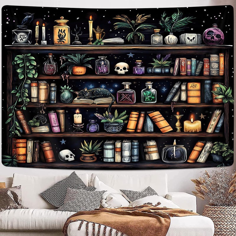 GOAOK Bookshelf Tapestry Magical Library Witchy Tapestries, Vintage Fantasy Dark Bookshelf Hippie Cool Wall Tapestries Gothic Skull Black Cat Book Aesthetic Decor for Study Classroom, 60X40 - Image 5