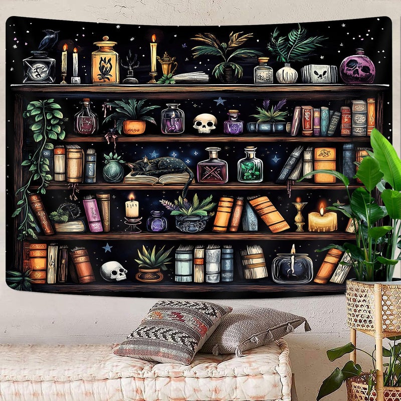 GOAOK Bookshelf Tapestry Magical Library Witchy Tapestries, Vintage Fantasy Dark Bookshelf Hippie Cool Wall Tapestries Gothic Skull Black Cat Book Aesthetic Decor for Study Classroom, 60X40 - Image 4