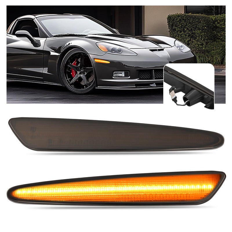 HECASA 2PCS LED Side Marker Lights Compatible with 20052013 Chevrolet Chevy Corvette C6 Z06ZR1Grand Sport Front Amber Side Marker Lamps Smoke Lens
