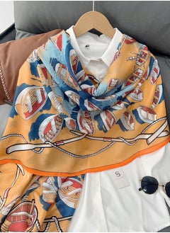 Generic Nautical Print Scarf in Mustard and Blue – Lightweight Elegant Wrap with Boat and Rope Motif  - Image 1