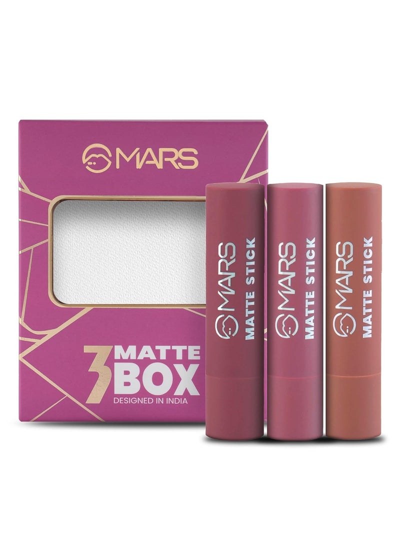 مارس مجموعة MARS Matte Box مكونة من 3 أحمر شفاه للنساء | يدوم طويلاً | لمسة نهائية ناعمة | ترطيب | تصبغ بتمريرة واحدة | (3x3.2 جم) (02-خوخ و عراة)  - Image 1