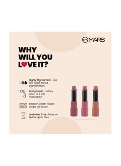 Mars MARS Matte Box Set of 3 Lipsticks for Women | Long-Lasting | Smooth Finish | Moisturising | One Swipe Pigmentation | (3x3.2 gm) (02-Peaches & Nudes)  - Image 4