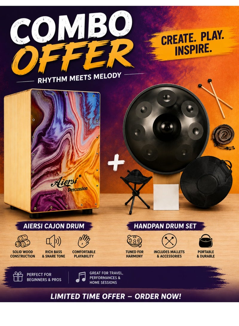 AIRESI Premium Handpan Drum & Cajon Drum Combo Set with Carry Bag, Stand, Mallets & Cleaning Cloth | Steel Hand Pan Musical Instrument | Professional Acoustic Percussion Drum Set for Beginners, Music Academy, Meditation, Yoga, Sound Therapy, Church Worship, Studio & Live Performance - Image 1